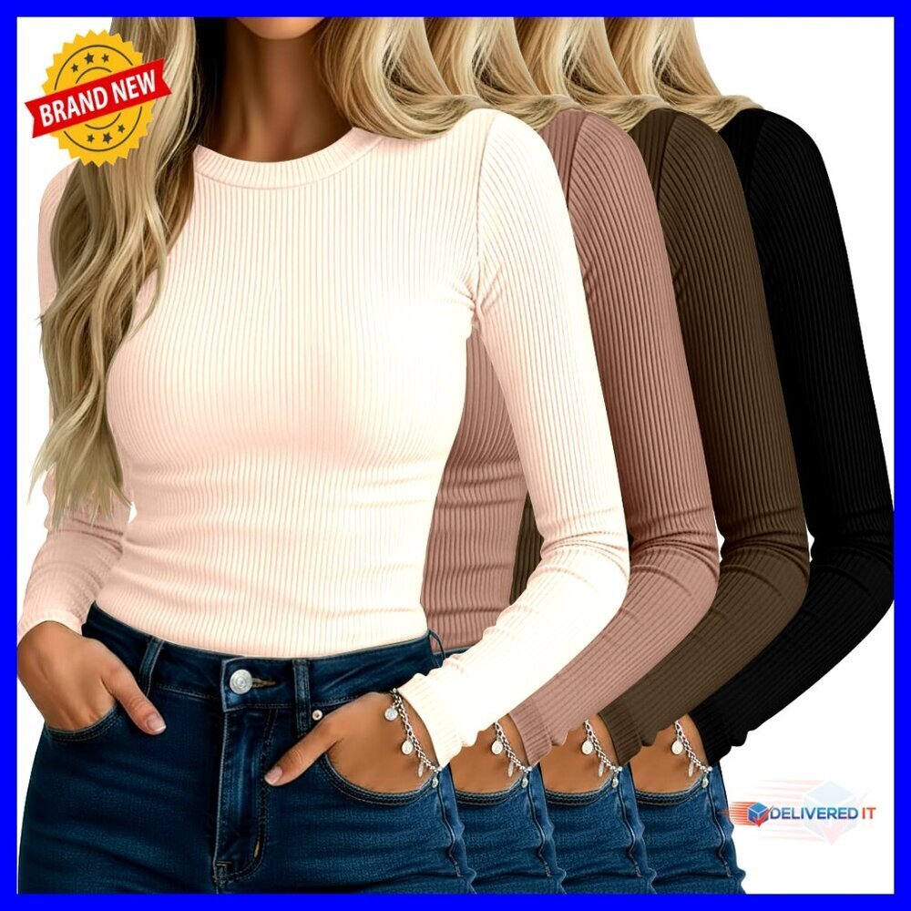 4 Pack Women's Ribbed Long Sleeve T-Shirts Slim Fit Cotton Spandex Base Layer